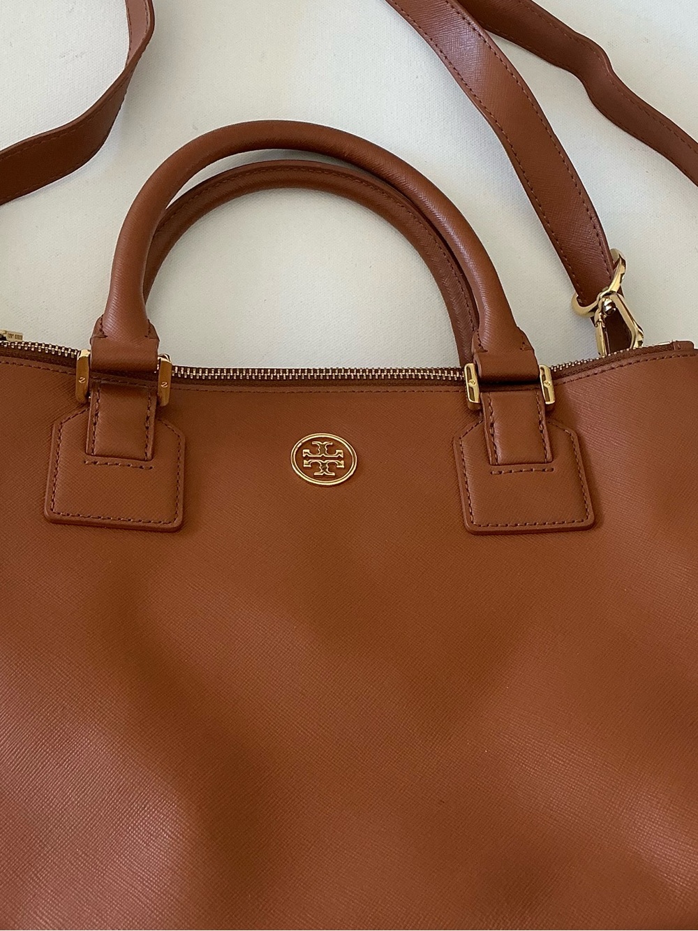 Tory Burch Robinson Double Zip Tote Tan Leather Satchel Crossbody Bag - Picture 13 of 14